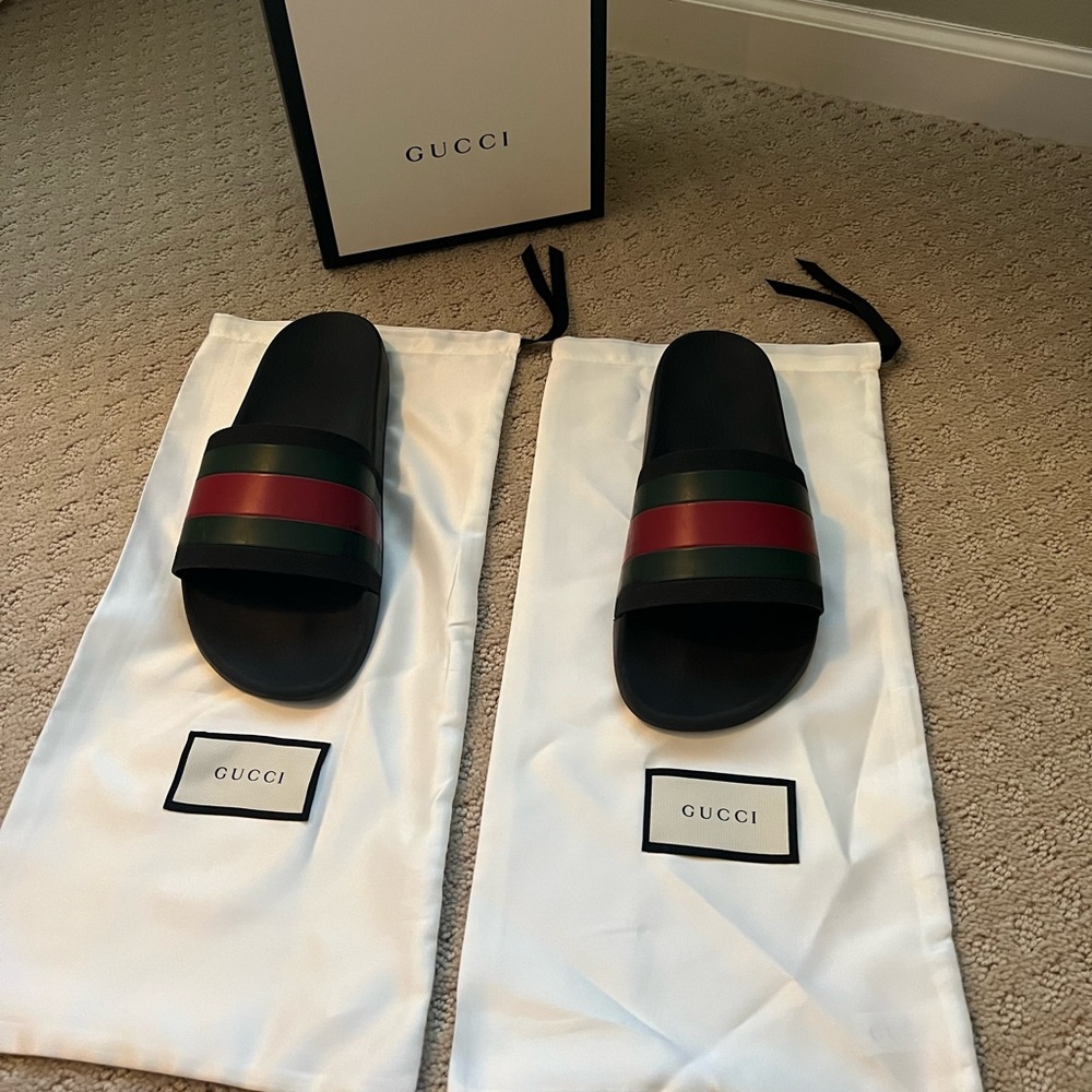 Gucci Black Slides with Red and Green Web Stripe